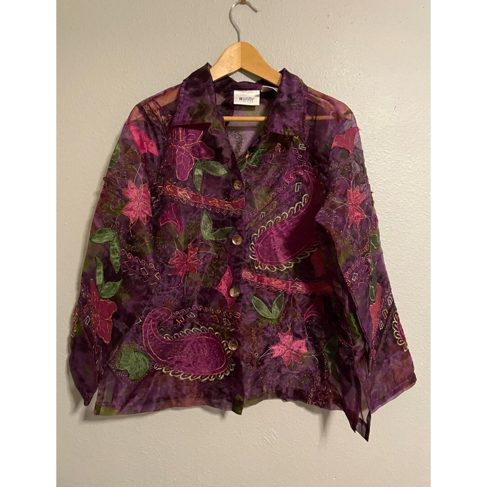 Vintage Units Womens Top Large Petite Purple Floral Taffeta Sheer Fairy Artsy